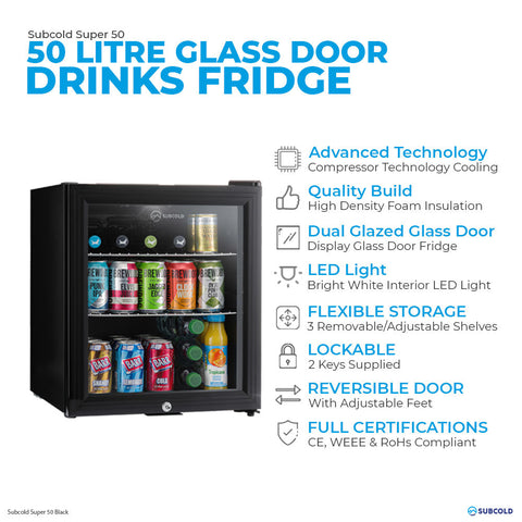Black glass-door subcold super drinks fridge with adjustable shelves and led lighting for beer storage