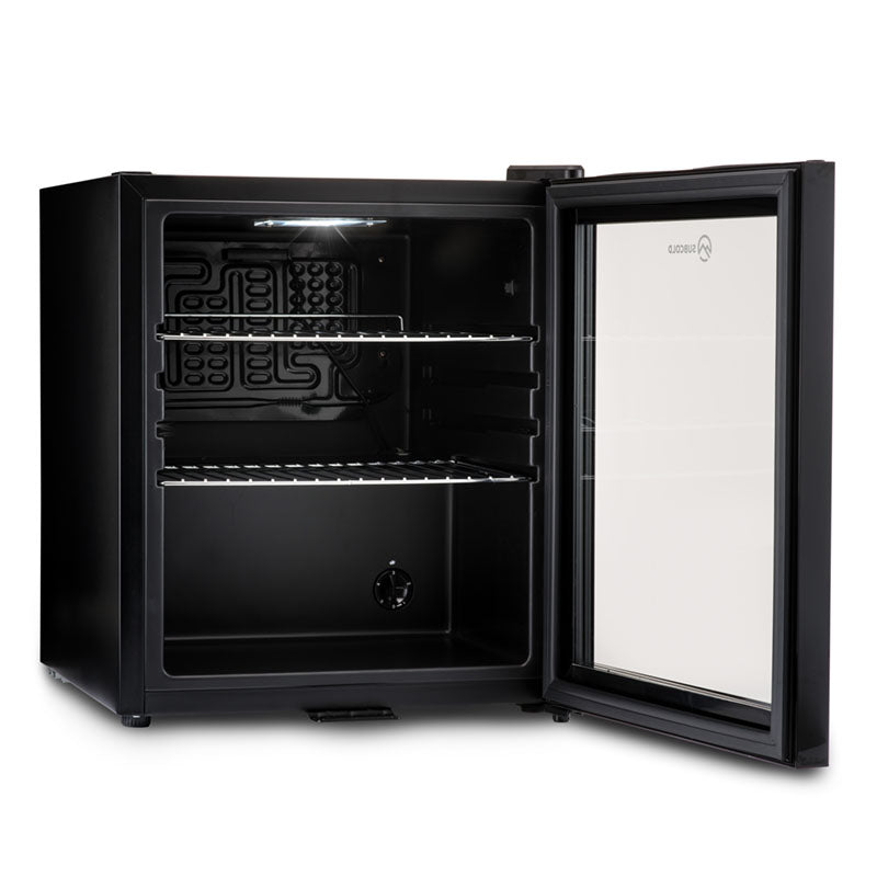 Black subcold super50 drinks fridge with glass door and metal shelves perfect for a sleek beer fridge setup