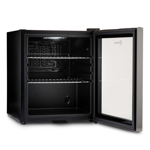 Black subcold super drinks fridge with glass door, two wire shelves, and sleek modern design beer fridge