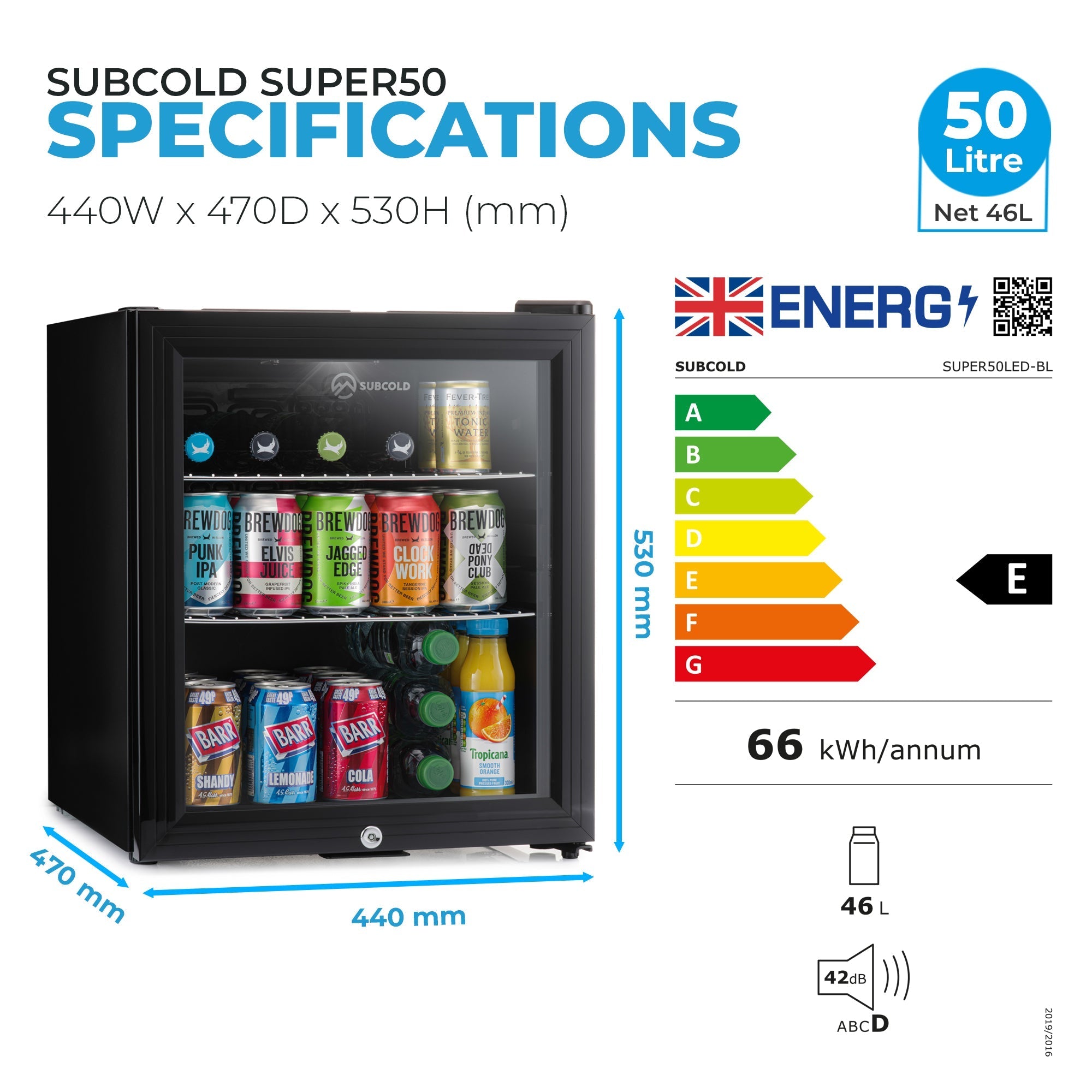 Black subcold super50 LED beer fridge with glass door silver handle digital display for compact drinks storage