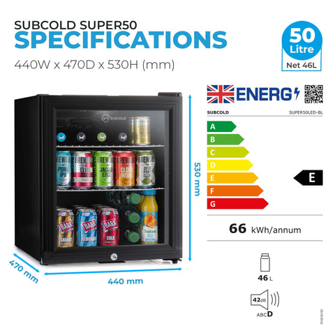 Black subcold super50 LED beer fridge with glass door silver handle digital display for compact drinks storage
