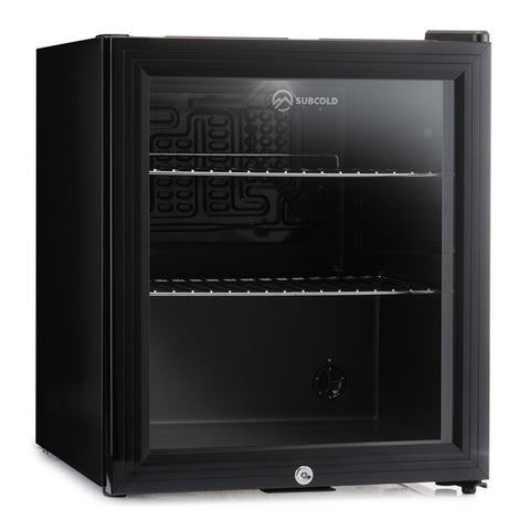Black subcold super50 drinks fridge with glass door and two metal shelves ideal as a beer fridge