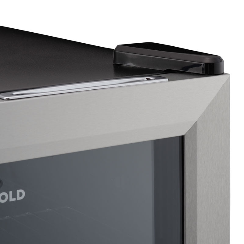 Subcold super50 led beer fridge with black and silver design featuring glossy lid handle and stainless steel accents perfect drinks fridge