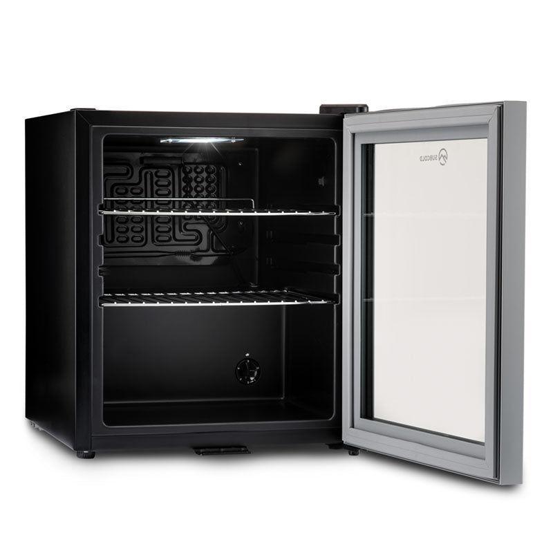Black and silver subcold super drinks fridge with glass door and two metal shelves perfect as a beer fridge