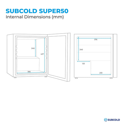 Subcold super50 drinks fridge showing internal dimensions in millimeters perfect as a beer fridge with led lighting