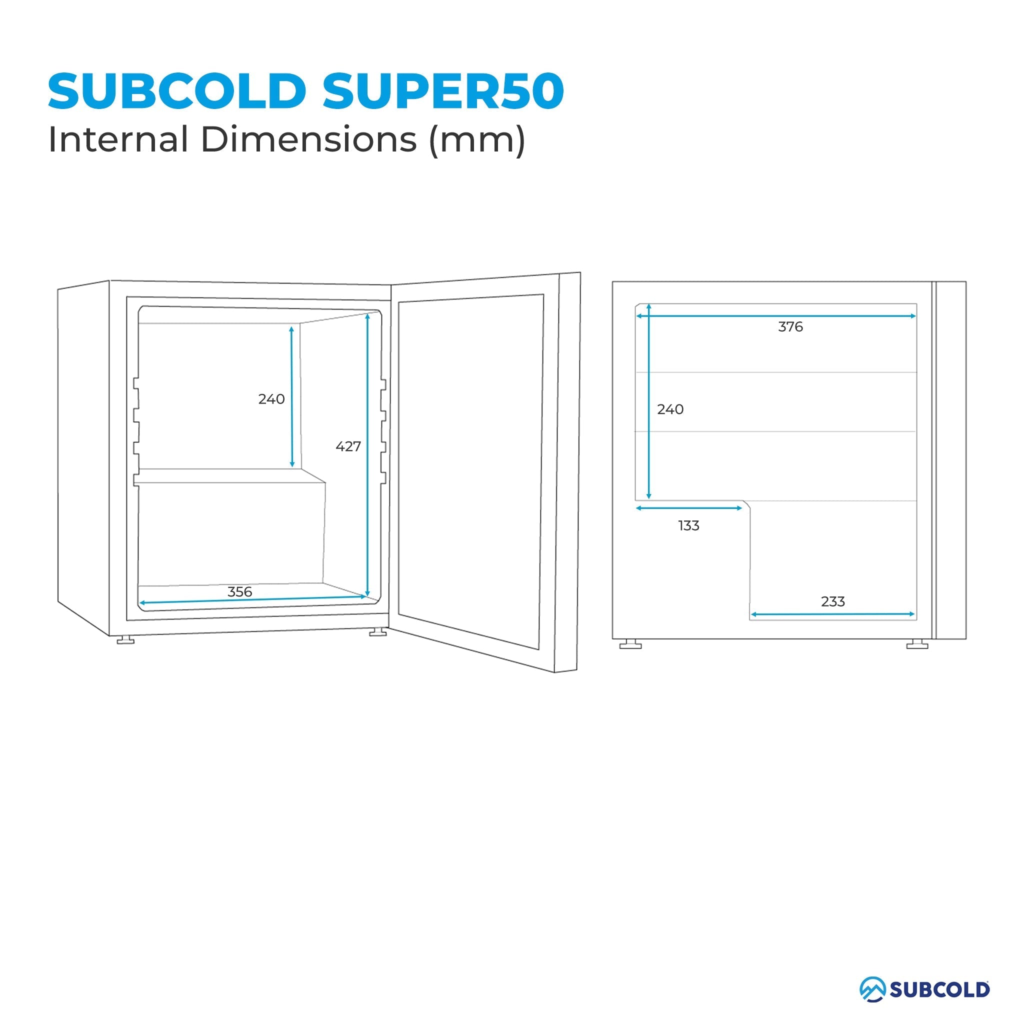 Subcold super50 beer fridge with internal dimensions labeled in millimeters ideal for drinks fridge use
