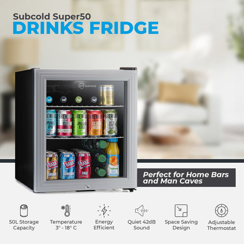 Silver-framed subcold super50 drinks fridge with black sides glass door stocked with colorful canned drinks beer fridge