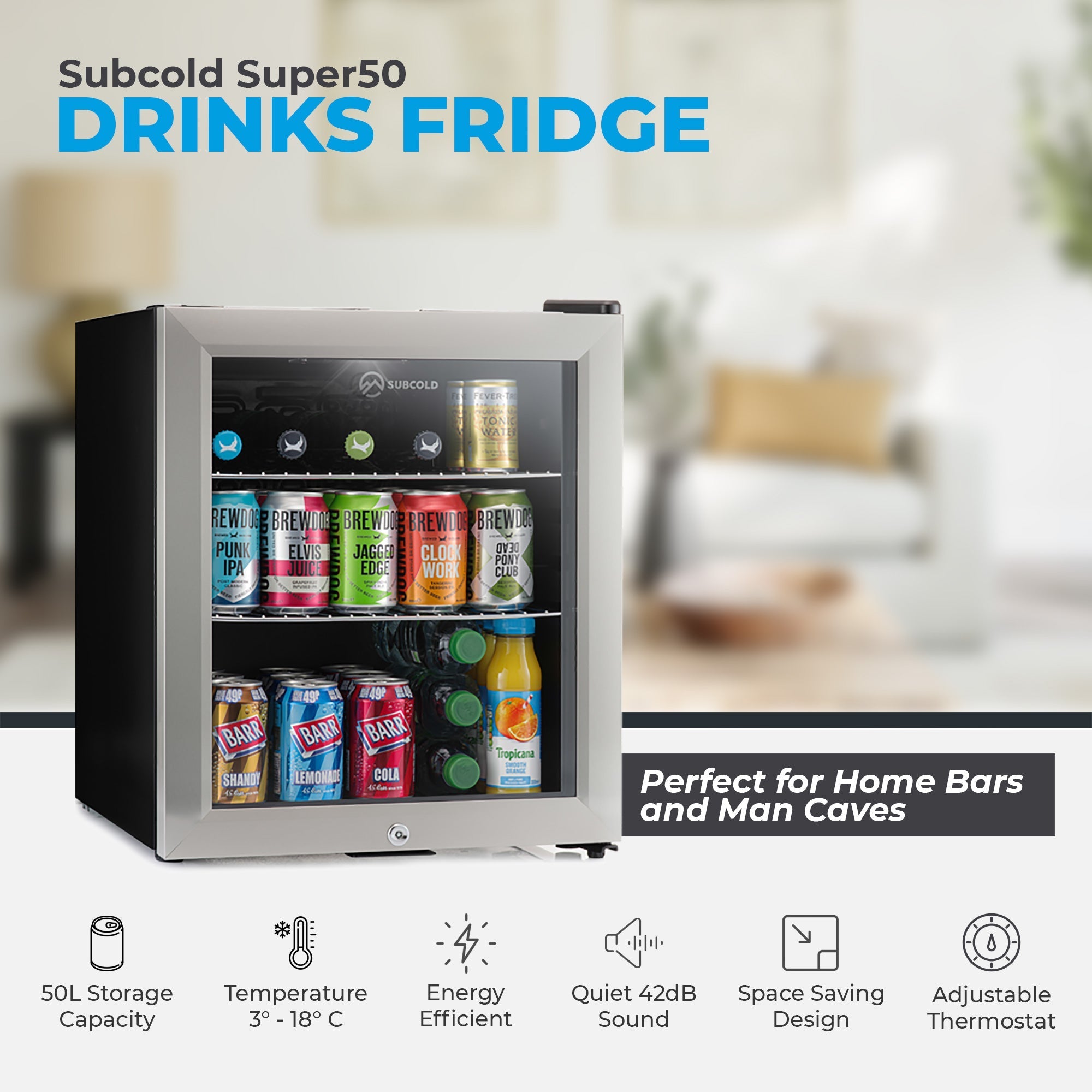 Silver-framed subcold super50 drinks fridge with glass door and black sides stocked with colorful cans beer fridge