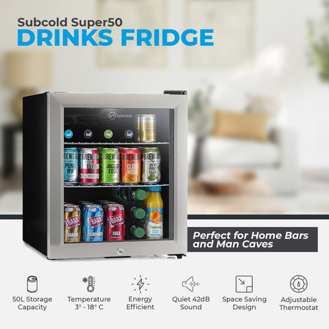 Silver-framed subcold super50 drinks fridge with glass door and black sides stocked with colorful cans beer fridge