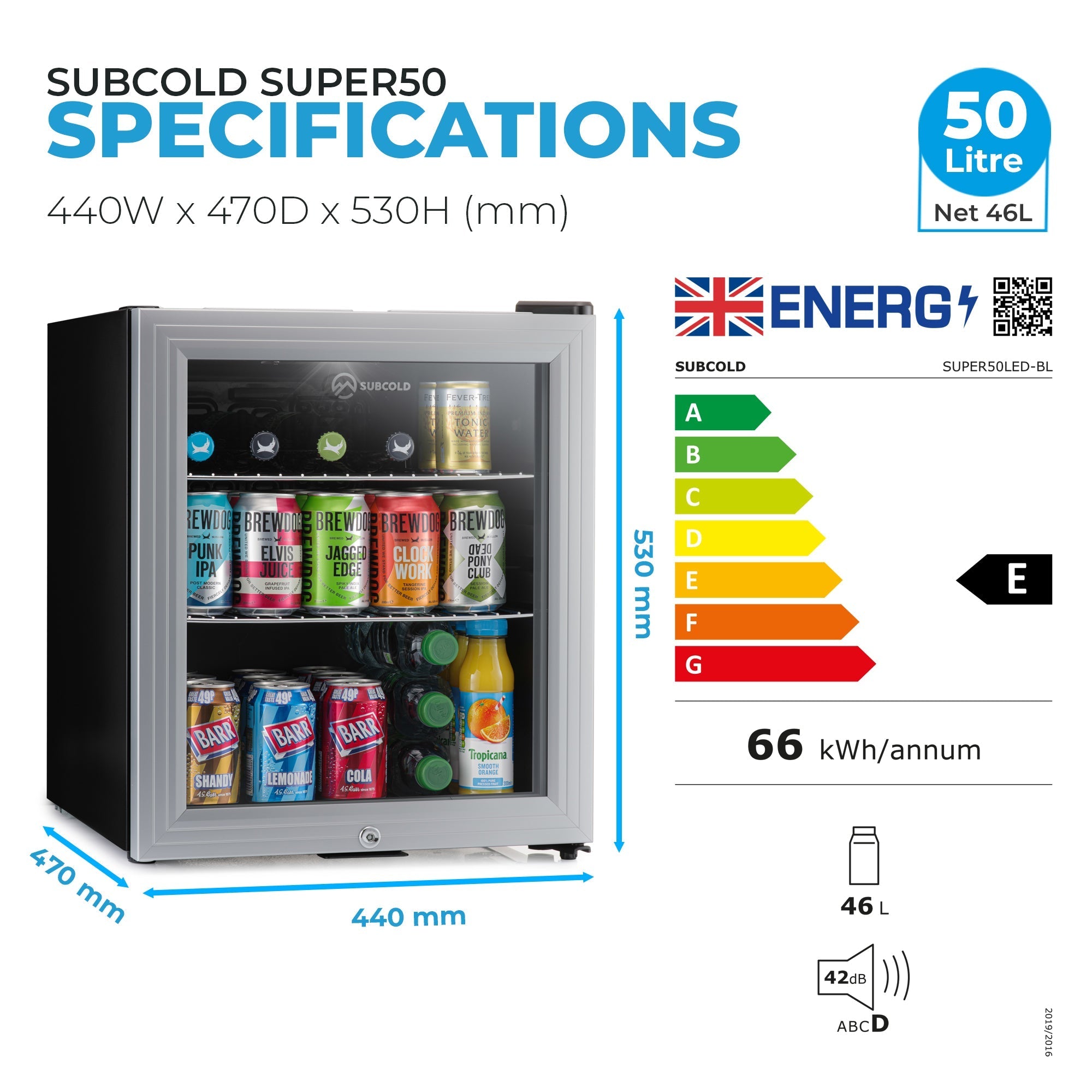 Silver framed subcold super50 drinks fridge with glass door black base showing colorful beverage cans inside