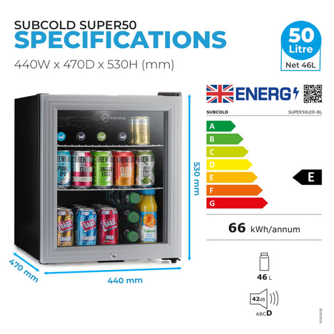 Silver framed subcold super50 drinks fridge with glass door black base showing colorful beverage cans inside