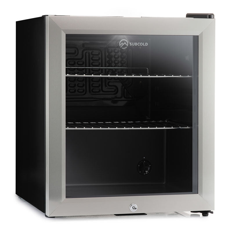 Silver-framed subcold super50 led beer fridge with black sides glass door and two wire shelves inside drinks fridge