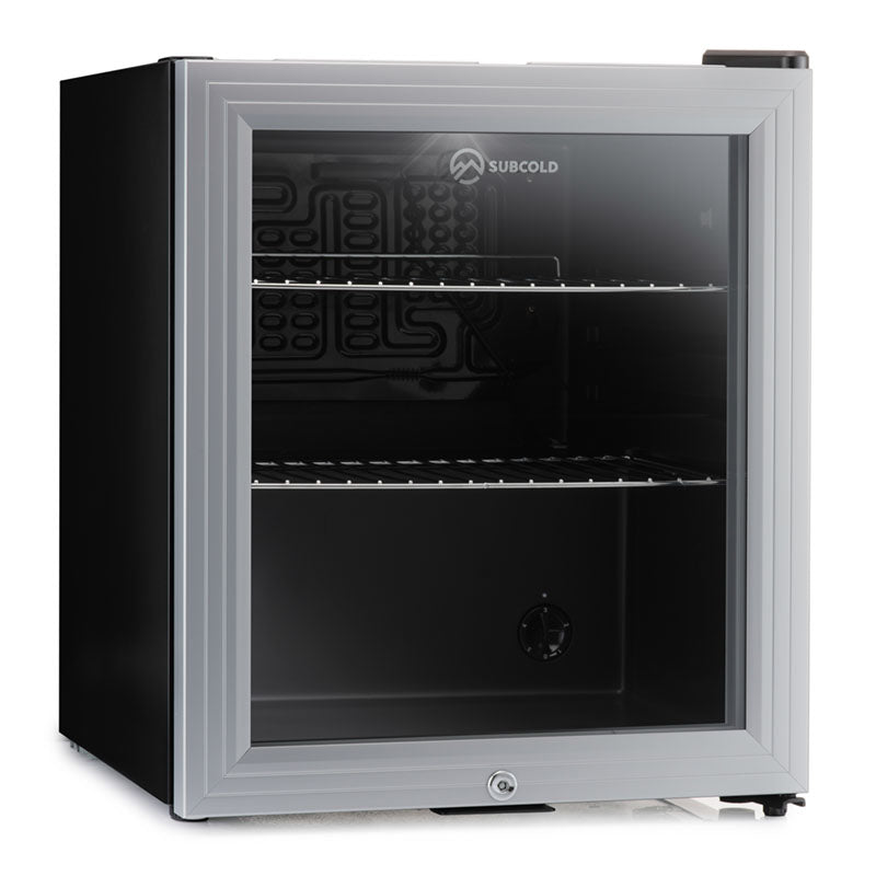 Subcold super50 led beer fridge with silver frame black body glass door and two metal shelves drinks fridge