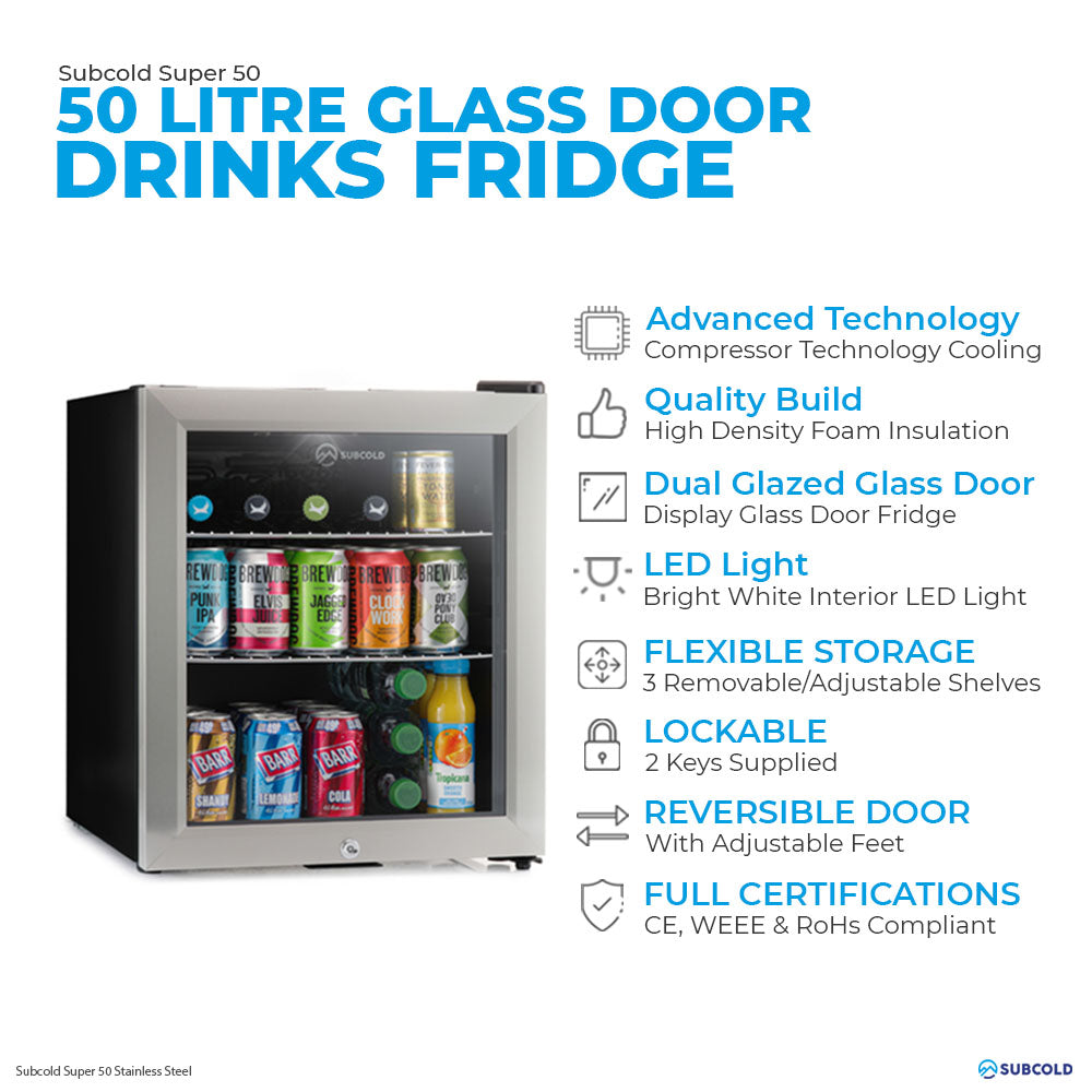Silver stainless steel subcold super 50 litre drinks fridge with dual glazed glass door and led interior lighting