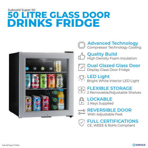 Silver subcold super 50 drinks fridge with dual glazed glass door and adjustable shelves perfect as a beer fridge