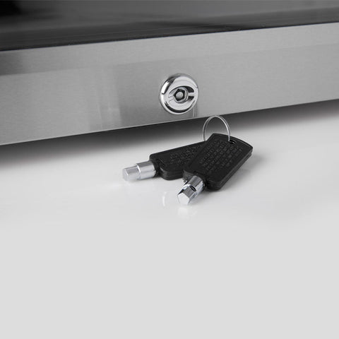A sleek silver key lock with two black and chrome-tipped keys for the subcold super drinks fridge beer fridge