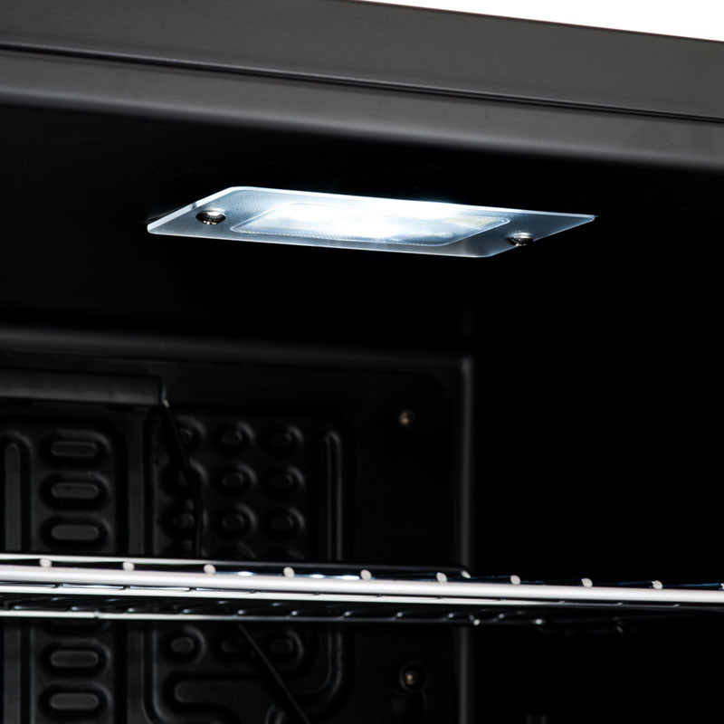 Subcold super50 beer fridge with sleek metallic led light fixture inside the black drinks fridge interior