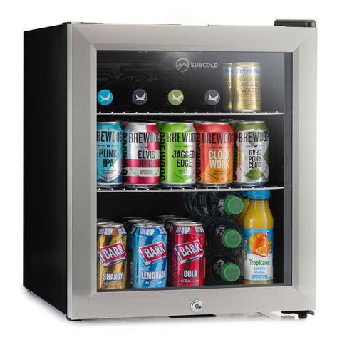 Subcold super50 drinks fridge with stainless steel and black frame glass door showing colorful canned drinks and beer fridge