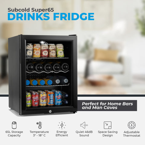 Black subcold super65 drinks fridge with glass door and shelves holding various canned super65 drinks