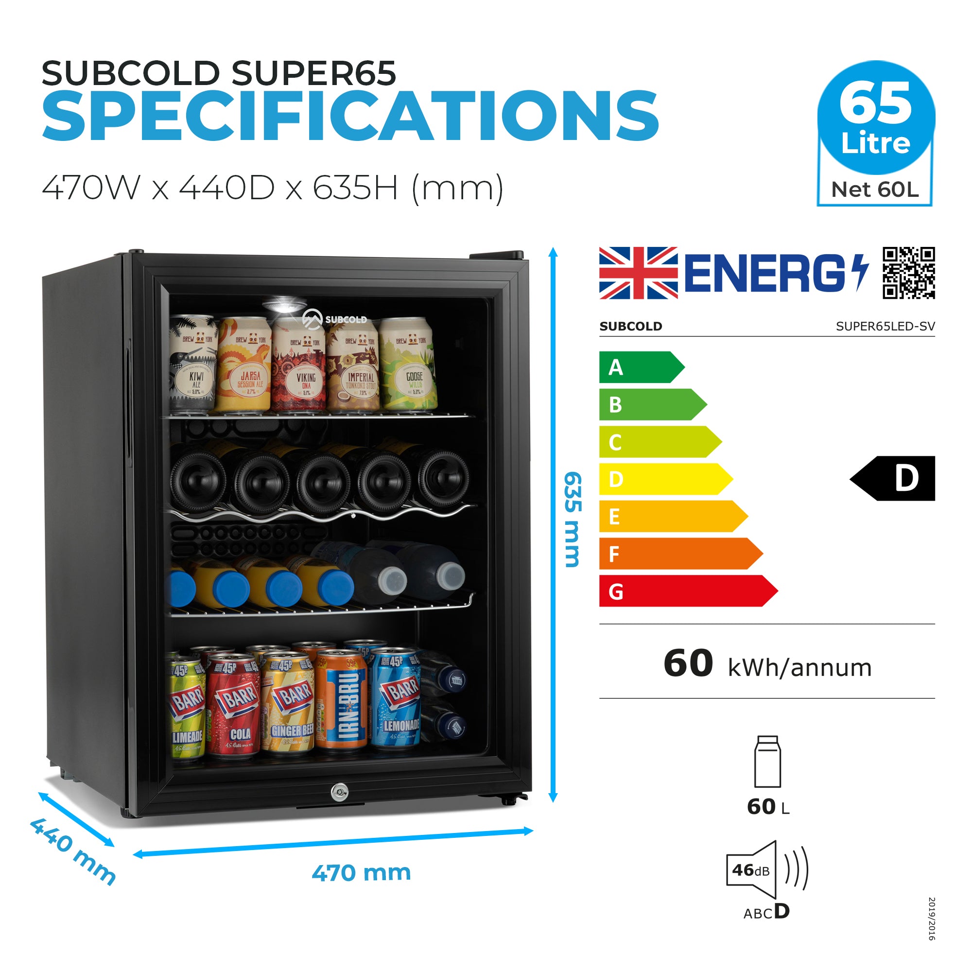 Black subcold super65 led glass-door drinks fridge with three shelves holding various canned and bottled super65 drinks