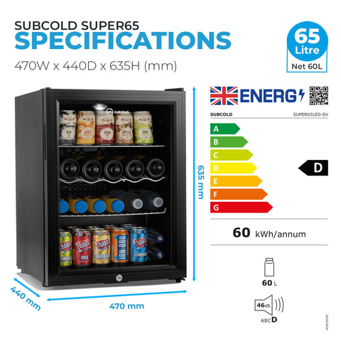 Black subcold super65 led glass-door drinks fridge with three shelves holding various canned and bottled super65 drinks
