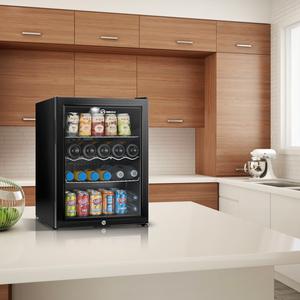 Black glass-door subcold super65 drinks fridge with circular shelves holding assorted canned drinks