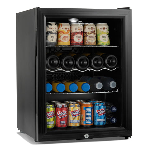 Black glass-door super65 drinks fridge with sleek modern design and multiple shelves holding assorted canned drinks and bottles