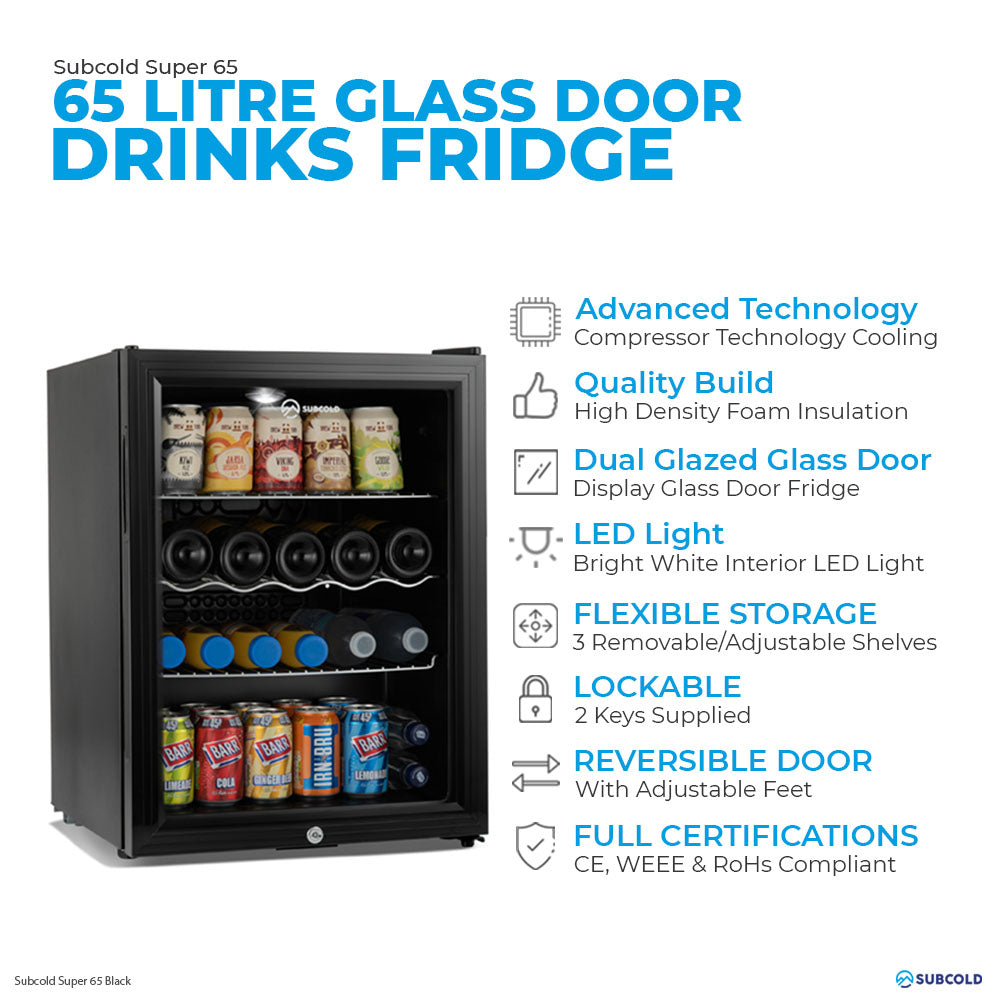 Black glass door super65 drinks fridge with led lighting and adjustable shelves for chilled drinks storage