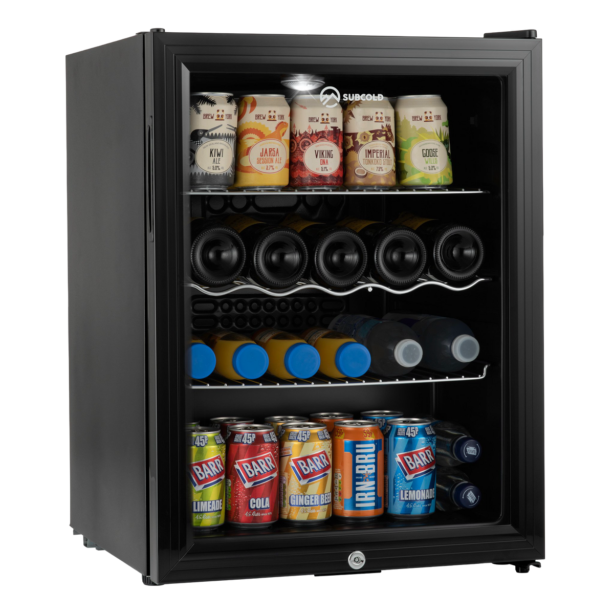 Black subcold super65 drinks fridge with glass door and shelves stocked with various beverages for easy access