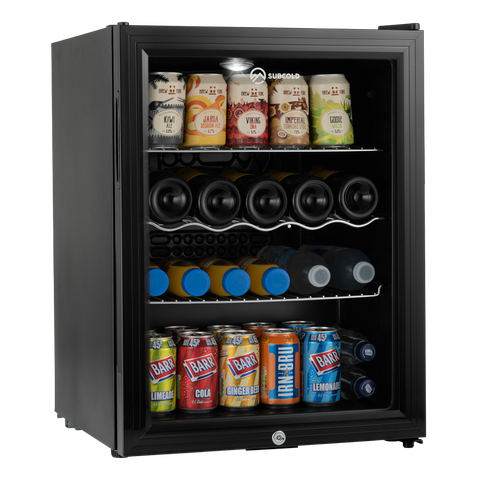 Black subcold super65 drinks fridge with glass door and shelves stocked with various beverages for easy access