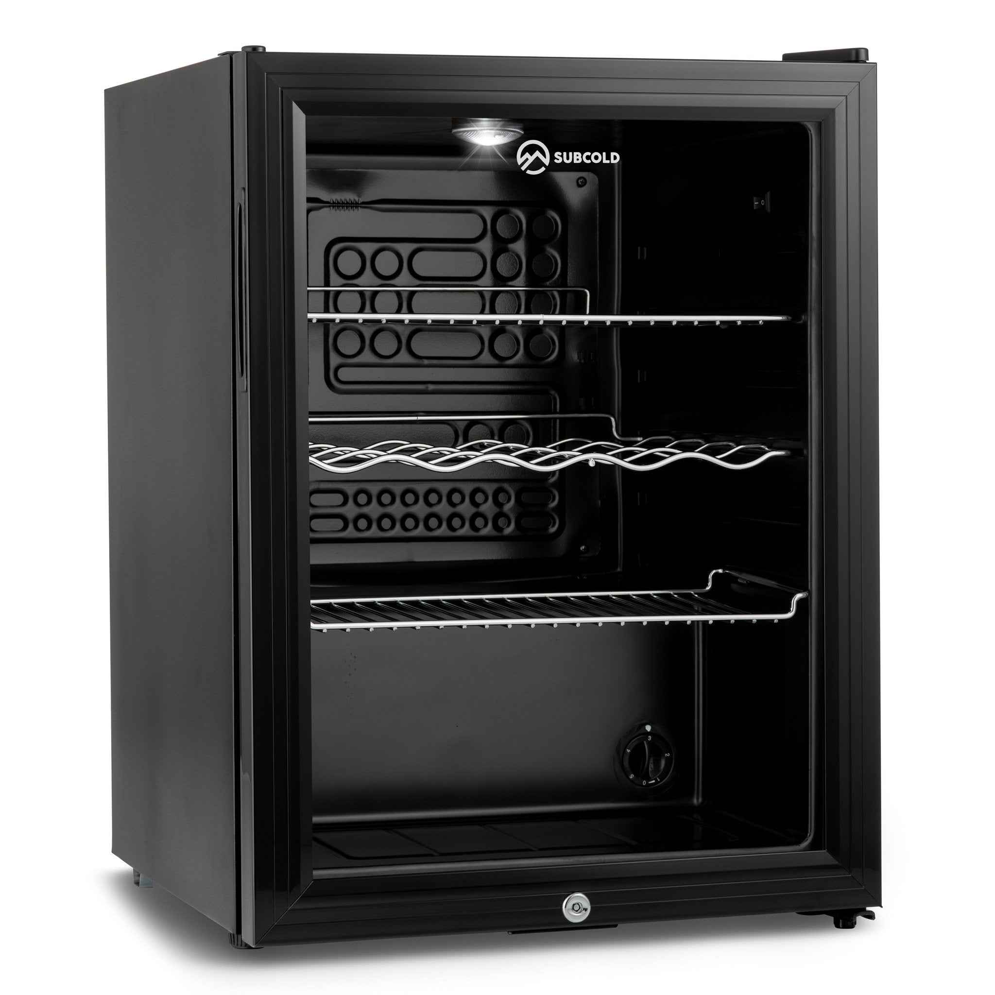 Black subcold super65 drinks fridge with glass door stainless steel shelves and wine rack for drinks storage