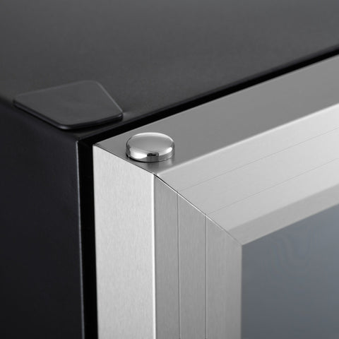 Corner view of black and stainless steel subcold super65 drinks fridge with polished chrome knob perfect for beer storage