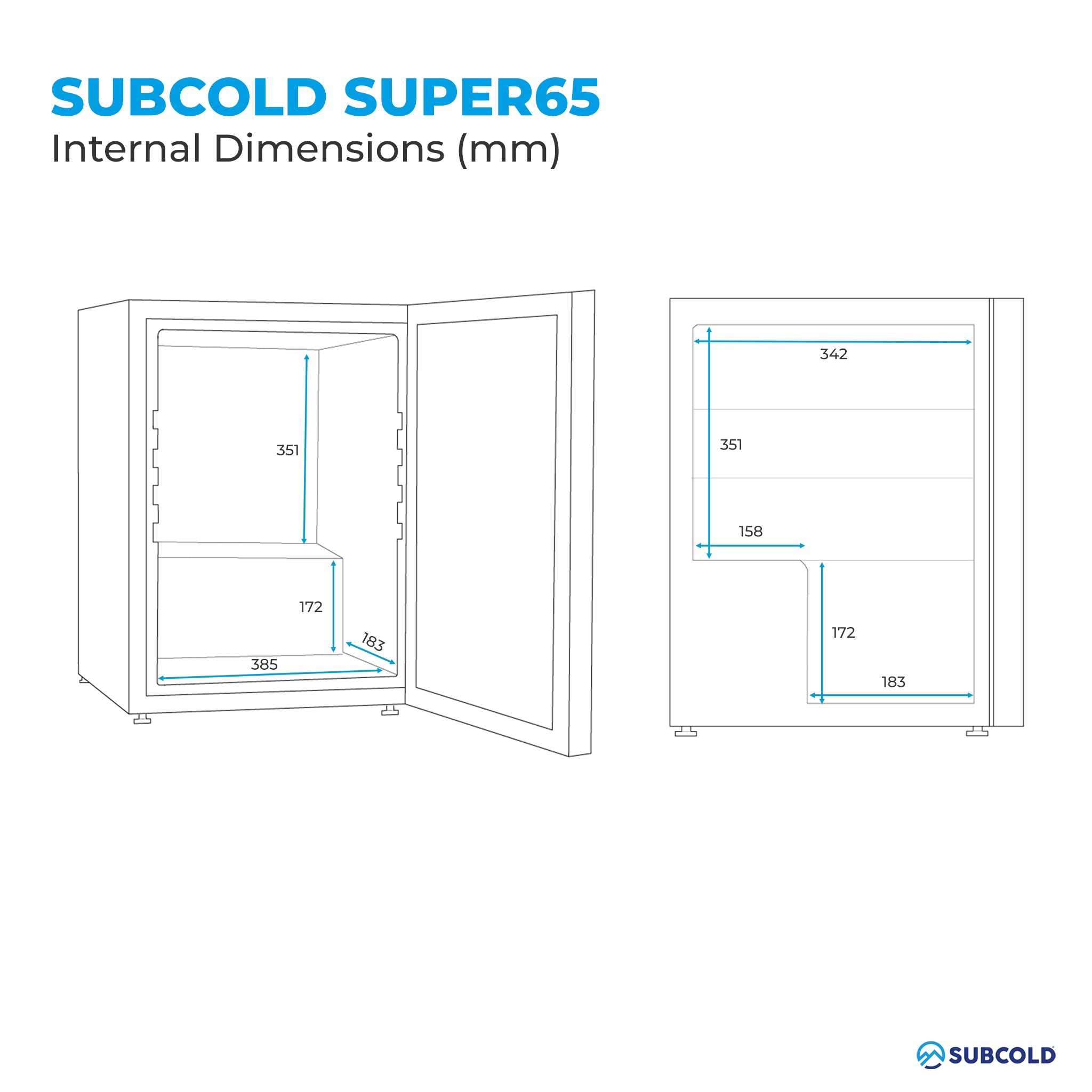 Subcold super65 led beer fridge drinks fridge with internal dimensions labeled in millimeters for super65 drinks storage
