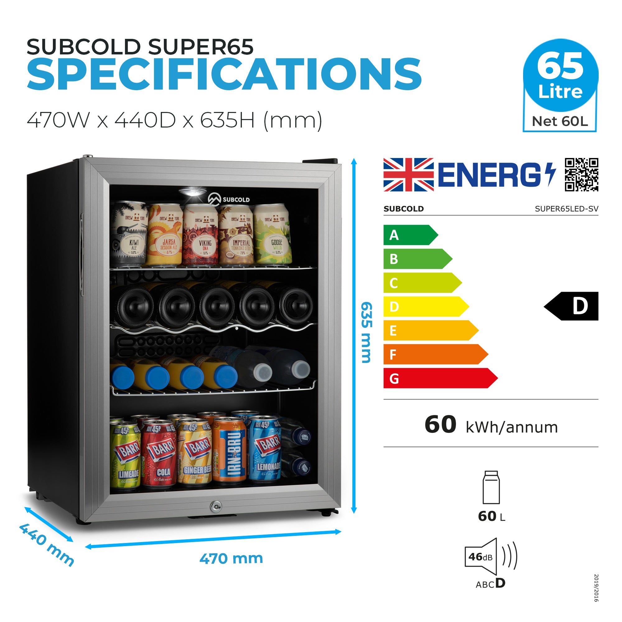Silver stainless steel subcold super65 drinks fridge with glass door and shelves holding various canned drinks