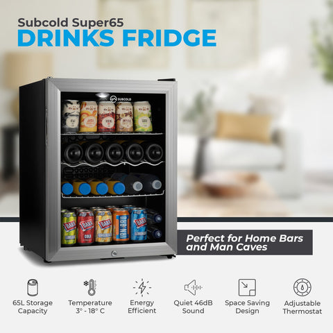 Silver stainless steel subcold super65 drinks fridge with black accents and glass door stocked with colorful canned super65 drinks