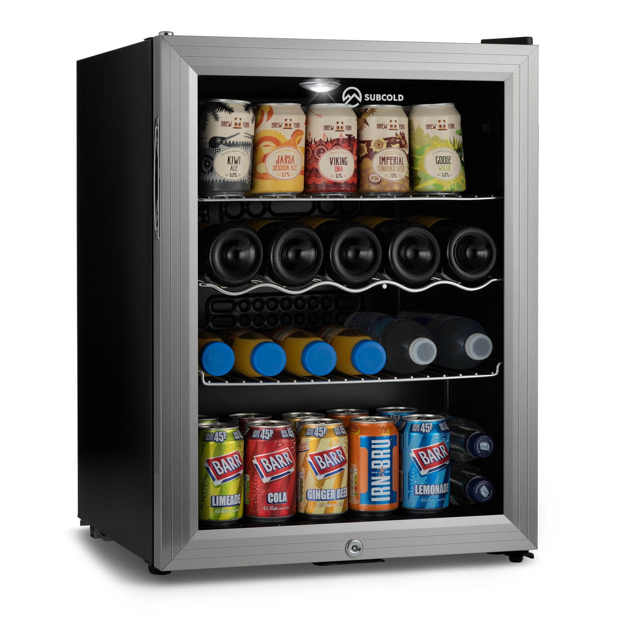 Stainless steel and black framed subcold super65 drinks fridge with glass door showing rows of cans and bottles