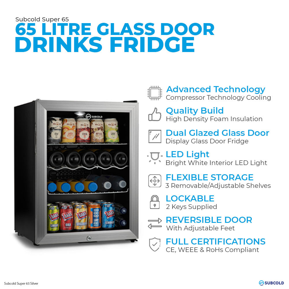 Stainless steel super65 drinks fridge with 65 litre glass door, led lighting, and adjustable shelves for drinks storage