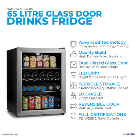 Stainless steel super65 drinks fridge with 65 litre glass door, led lighting, and adjustable shelves for drinks storage