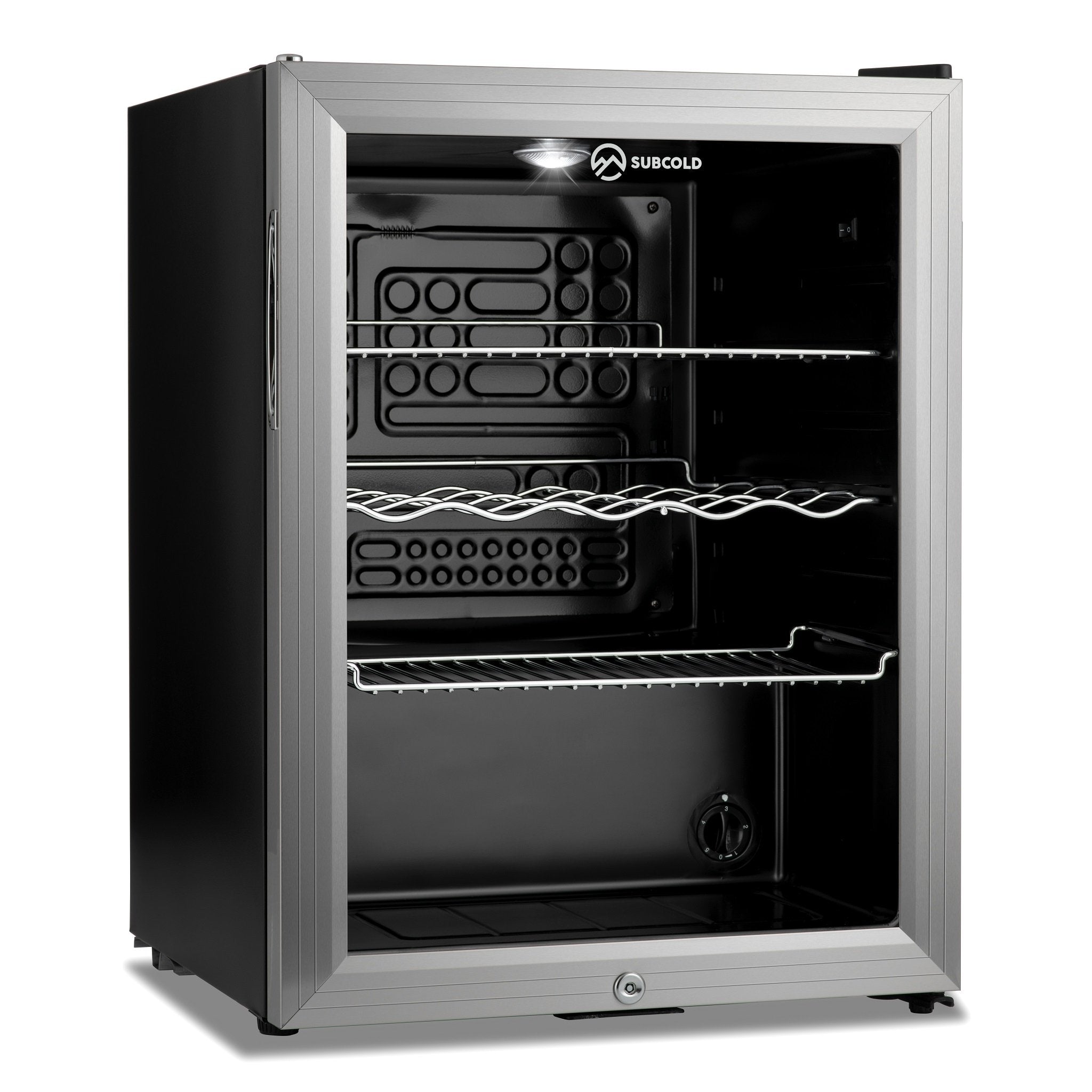 Stainless steel framed subcold super65 drinks fridge with black interior and glass door for cold beer storage