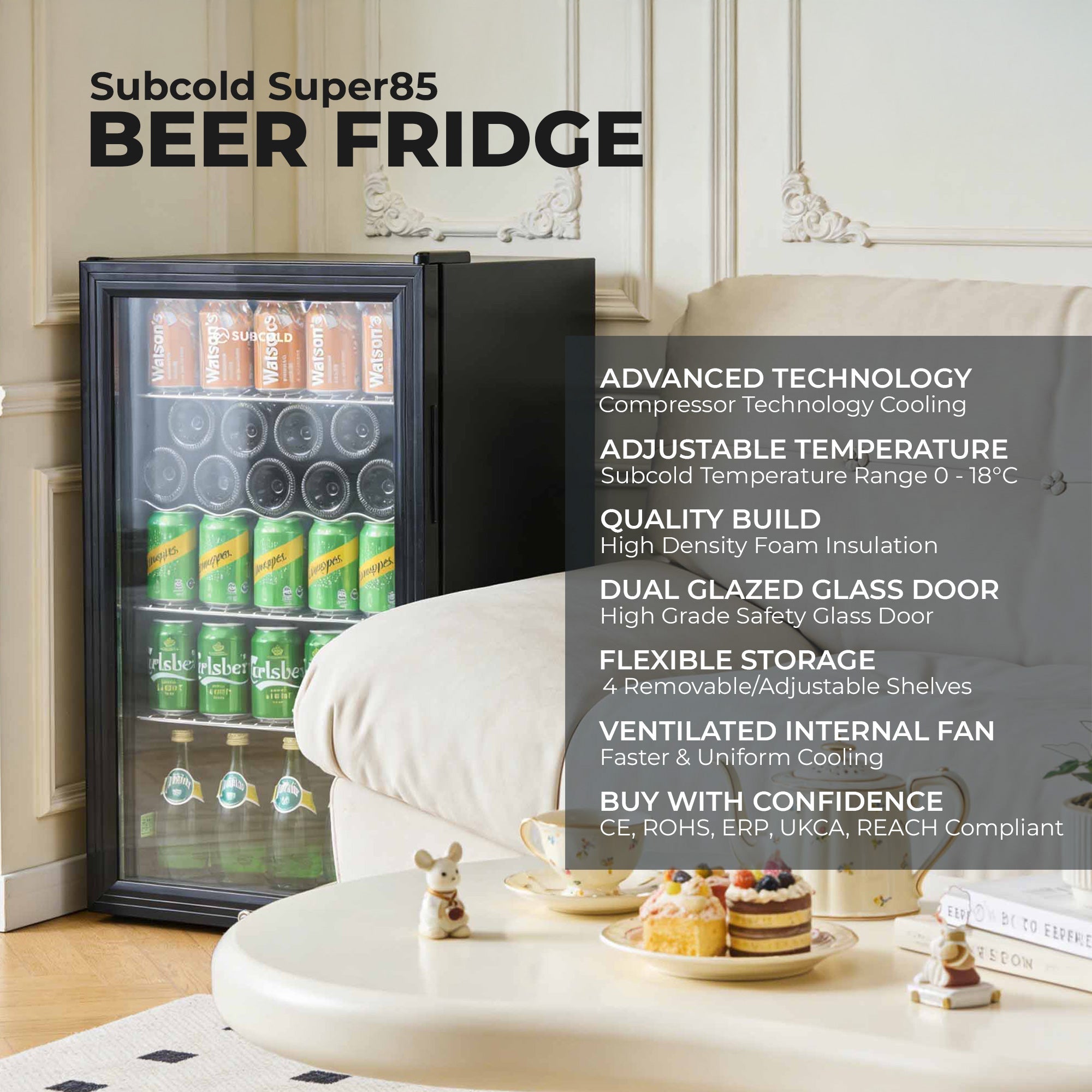 Black subcold super85 led beer fridge with glass door displaying rows of canned beverages for easy access
