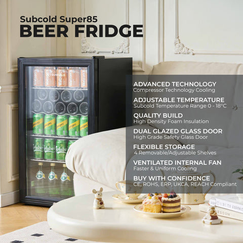 Black subcold super85 led beer fridge with glass door displaying rows of canned beverages for easy access
