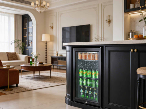 Black subcold super85 led beer fridge with glass door and shelves showing canned drinks cabinet integrated