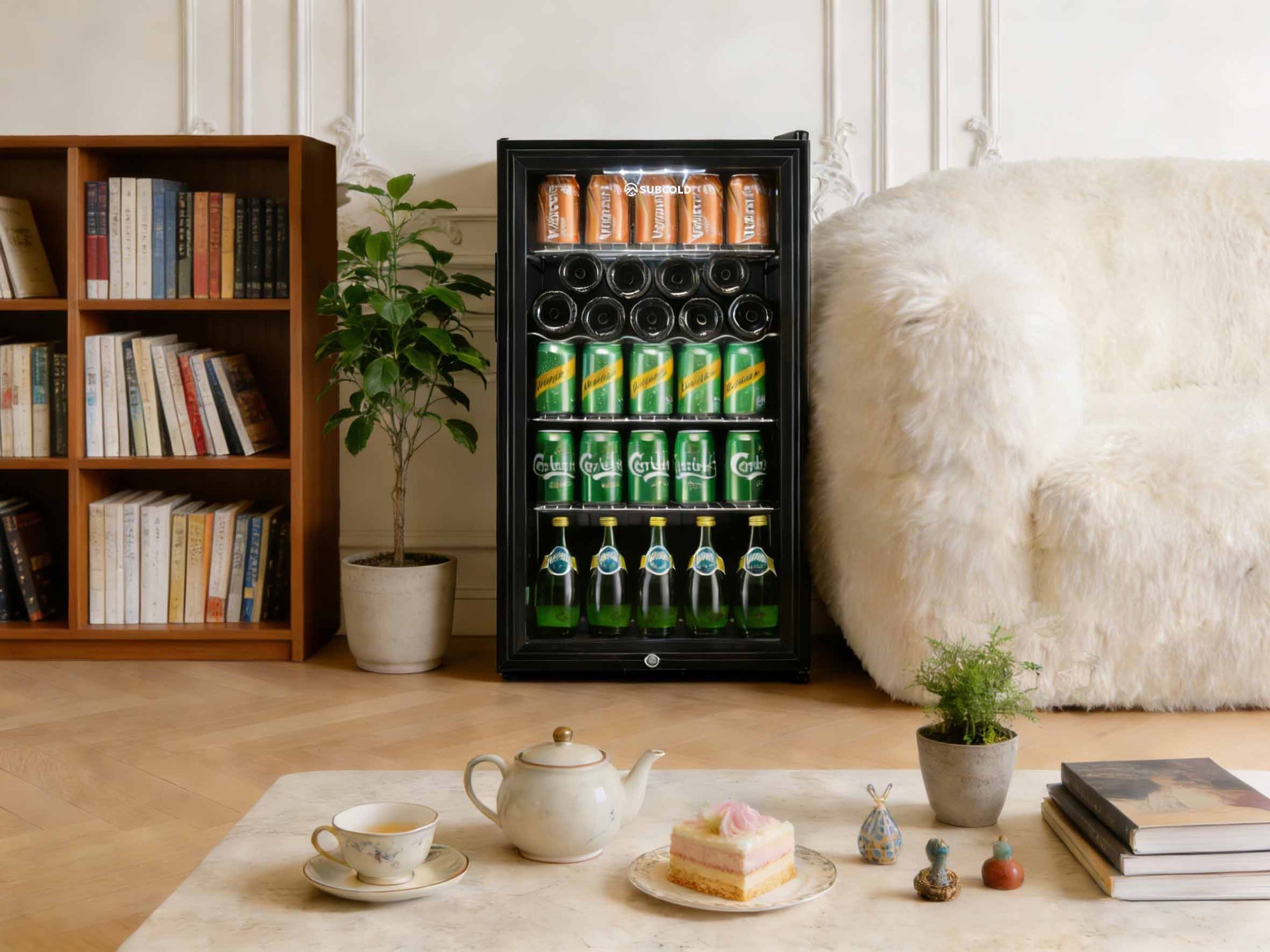 Black glass-door subcold super85 led beer fridge filled with cans and bottles in a compact beer fridge design