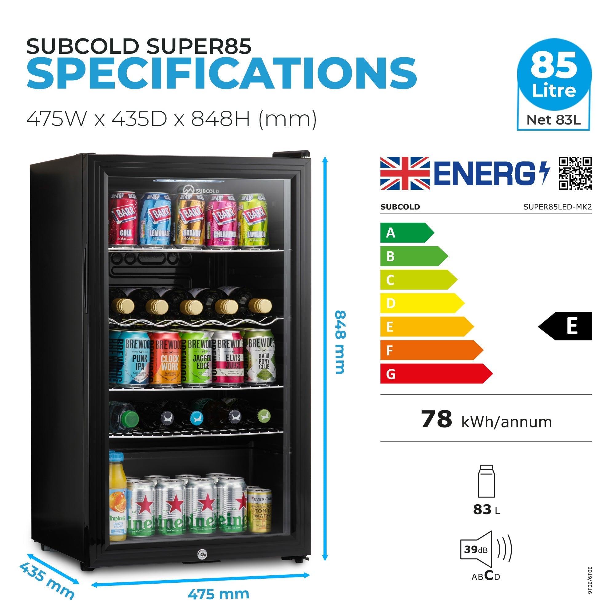 Black glass door subcold super85 led beer fridge with multiple shelves holding assorted canned and bottled drinks