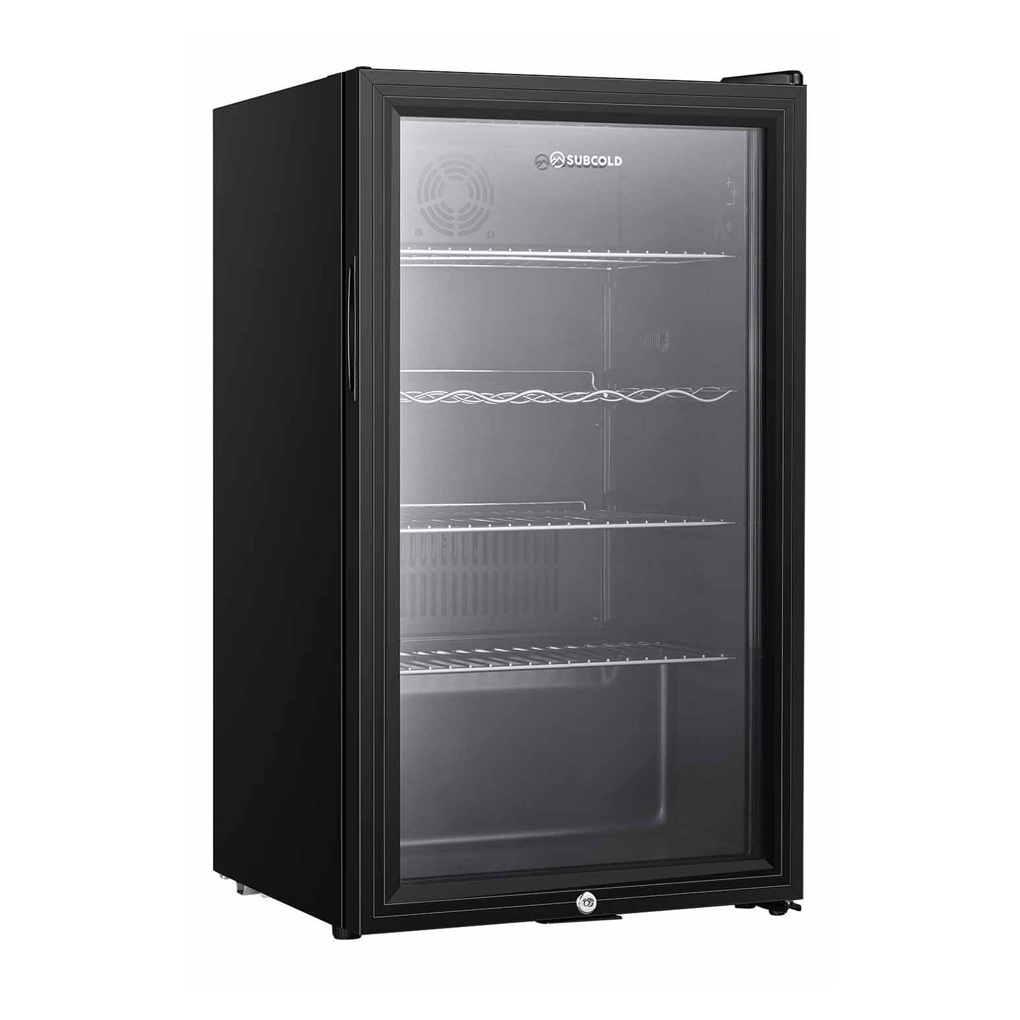 Black subcold super85 led beer fridge with glass door metal shelves and key lock ideal for chilling drinks