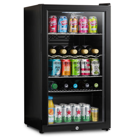 Black glass-door subcold super85 led beer fridge with multiple shelves holding assorted canned and bottled drinks