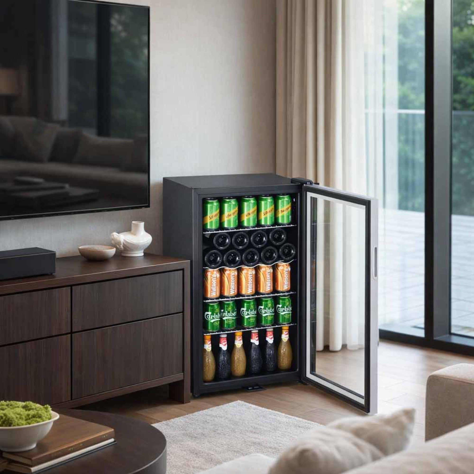Black glass-door subcold super85 led beer fridge with shelves stocked with green cans orange cans and dark bottles