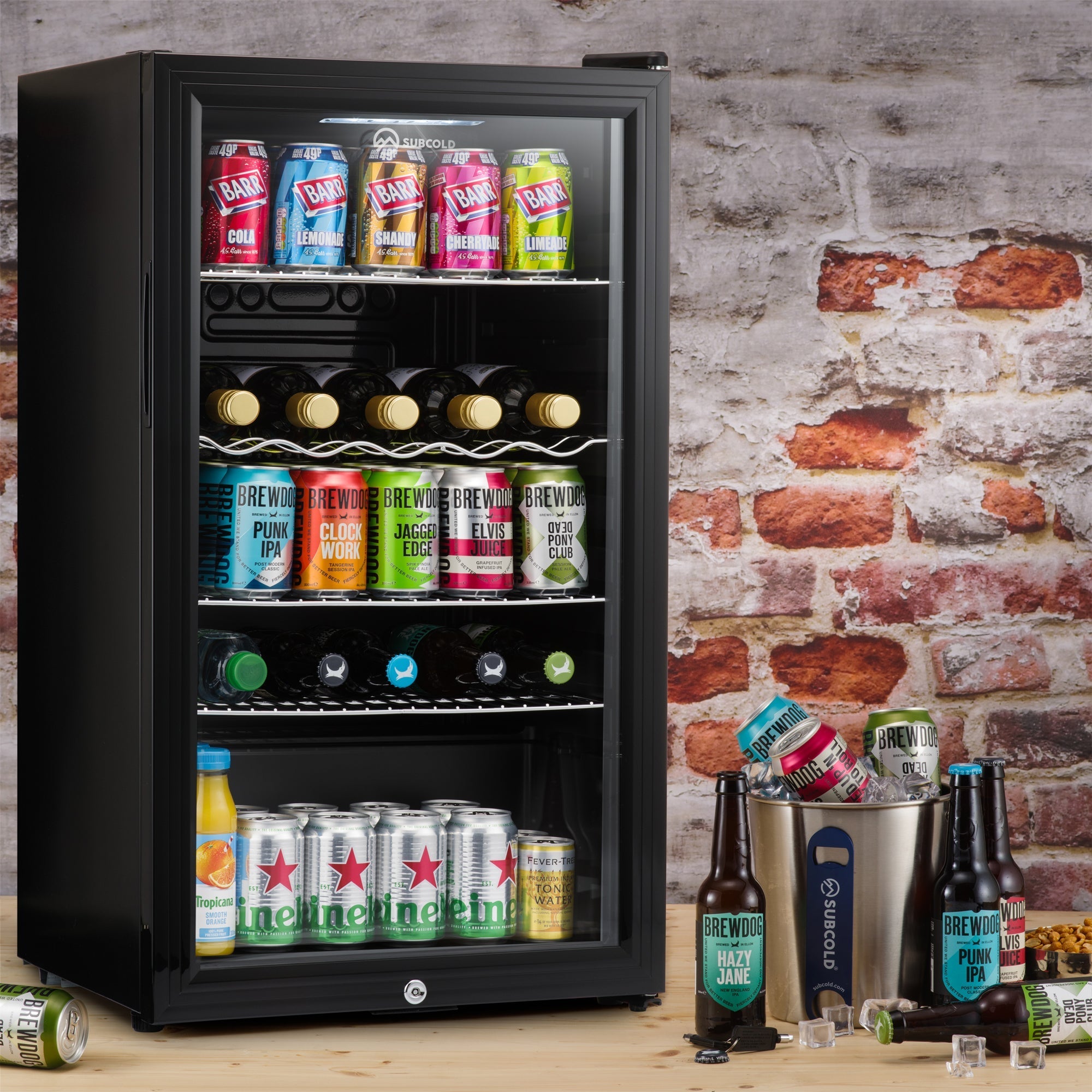Black glass-door subcold super85 led beer fridge with multiple shelves holding assorted cans and bottles