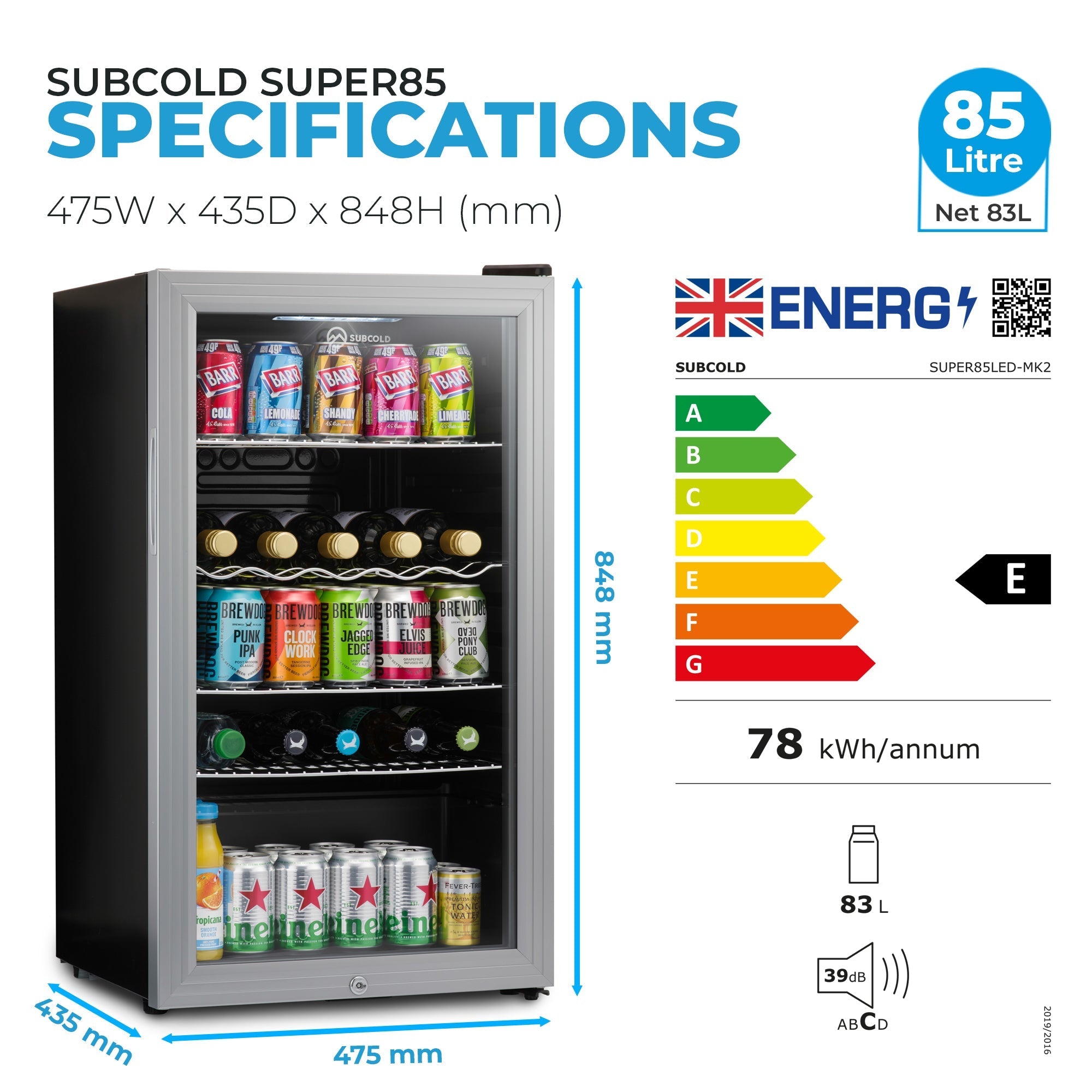 Black and silver subcold super85 led beer fridge with glass door showing assorted canned drinks and bottles inside