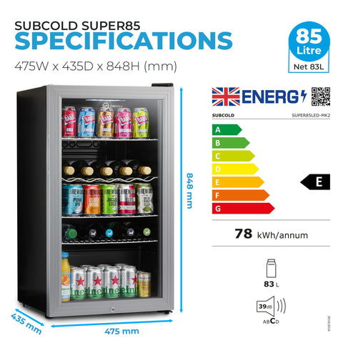 Black and silver subcold super85 led beer fridge with glass door showing assorted canned drinks and bottles inside